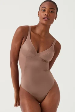 Spanx Roupa Interior-Body modelador de tule de cetim e tanga de compressão de cetim cru