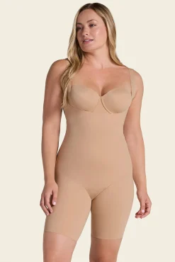 Leonisa Roupa Interior-Body ultraleve, de controle forte e com peito livre bege