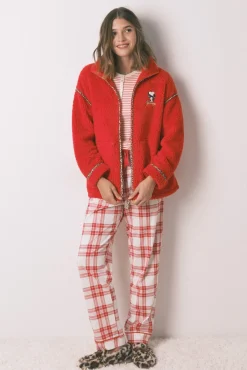 Women'secret Roupões-Borrego robe de pele de carneiro vermelha com bordado do Snoopy vermelho