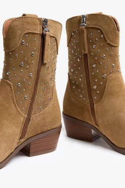 Popa Saltos|Calçado De Couro-Bota Botim com tachas feminina Castanho