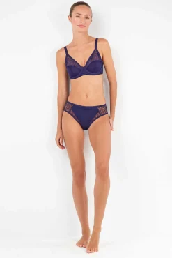 Gisela Roupa Interior-Braga tiro medio com tule jacquard azul