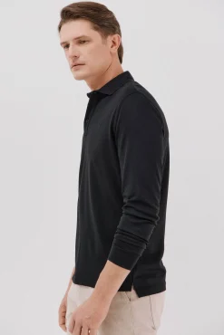 Cortefiel Polos|Camisolas--Regular fit-Piqué fabric-Long sleeve, placket with buttons and embroidered logo on the chest-Shirt cuffs with button-By buying our cotton products, you're supporting our investment in the Better Cotton initiative. This product has bee Preto