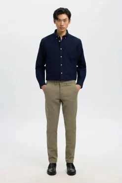 Selected Calças|Chinos-Calça calças chino slim fit feita de algodão orgânico Castanho