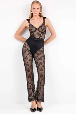 Gisela Calças-Calça comprida elástica delicada de renda floral transparente preto