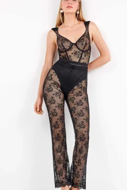 Gisela Calças-Calça comprida elástica delicada de renda floral transparente preto