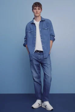 Springfield Calças|Chinos-Calças com lavagem média escura e corte regular azul