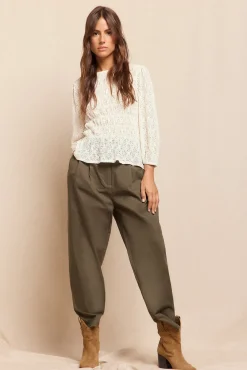 Slowlove Calças-Calças de sarja com presilhas, passantes para cinto, bolsos laterais funcionais, perna, fecho de fecho-éclair e botão oculto Verde