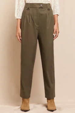 Slowlove Calças-Calças de sarja com presilhas, passantes para cinto, bolsos laterais funcionais, perna, fecho de fecho-éclair e botão oculto Verde