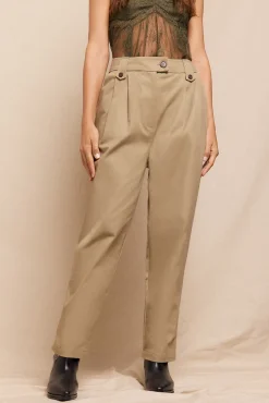 Slowlove Calças-Calças de sarja com presilhas, passantes para cinto, bolsos laterais funcionais, perna, fecho de fecho-éclair e botão oculto Tostado