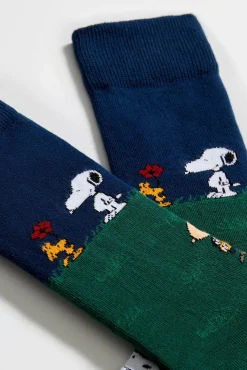 Besocks Meias|Meias-Calcetines altos de SNOOPY de algodón orgánico color azul verde