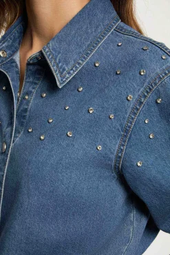 Morgan Blusas-Camisa curta com cabochões Azul