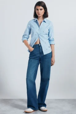 Springfield Blusas-Camisa de algodão Oxford azul