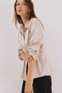 Cortefiel Blusas-Camisa de cetim brilhante Tostado