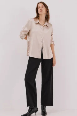 Cortefiel Blusas-Camisa de cetim brilhante Tostado