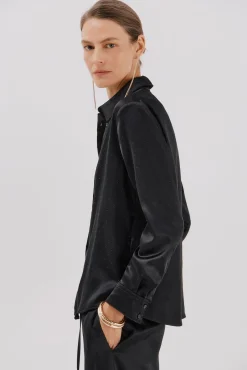 Cortefiel Blusas-Camisa de cetim brilhante Preto