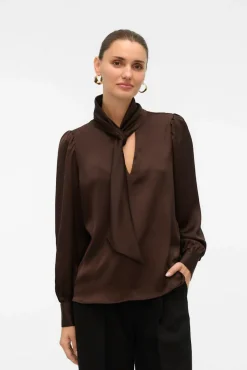 Vero Moda Blusas-Camisa de cetim com laçada laço Castanho