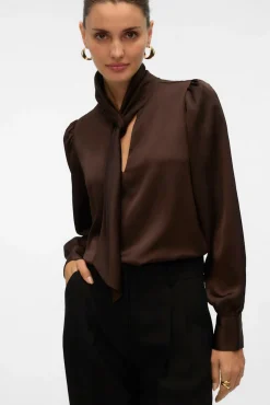 Vero Moda Blusas-Camisa de cetim com laçada laço Castanho