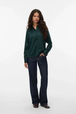 Vero Moda Blusas-Camisa de cetim lisa Verde