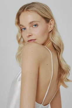 Ivette Bridal Pijamas-Camisa de dormir de mulher curta de cetim em branco bege