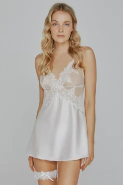Ivette Bridal Pijamas-Camisa de dormir de cetim com tanga em branco bege