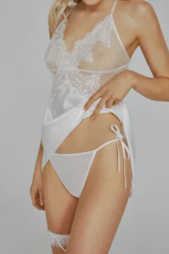 Ivette Bridal Pijamas-Camisa de dormir de cetim com tanga em branco bege