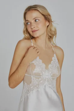 Ivette Bridal Pijamas-Camisa de dormir de cetim com tanga em branco bege