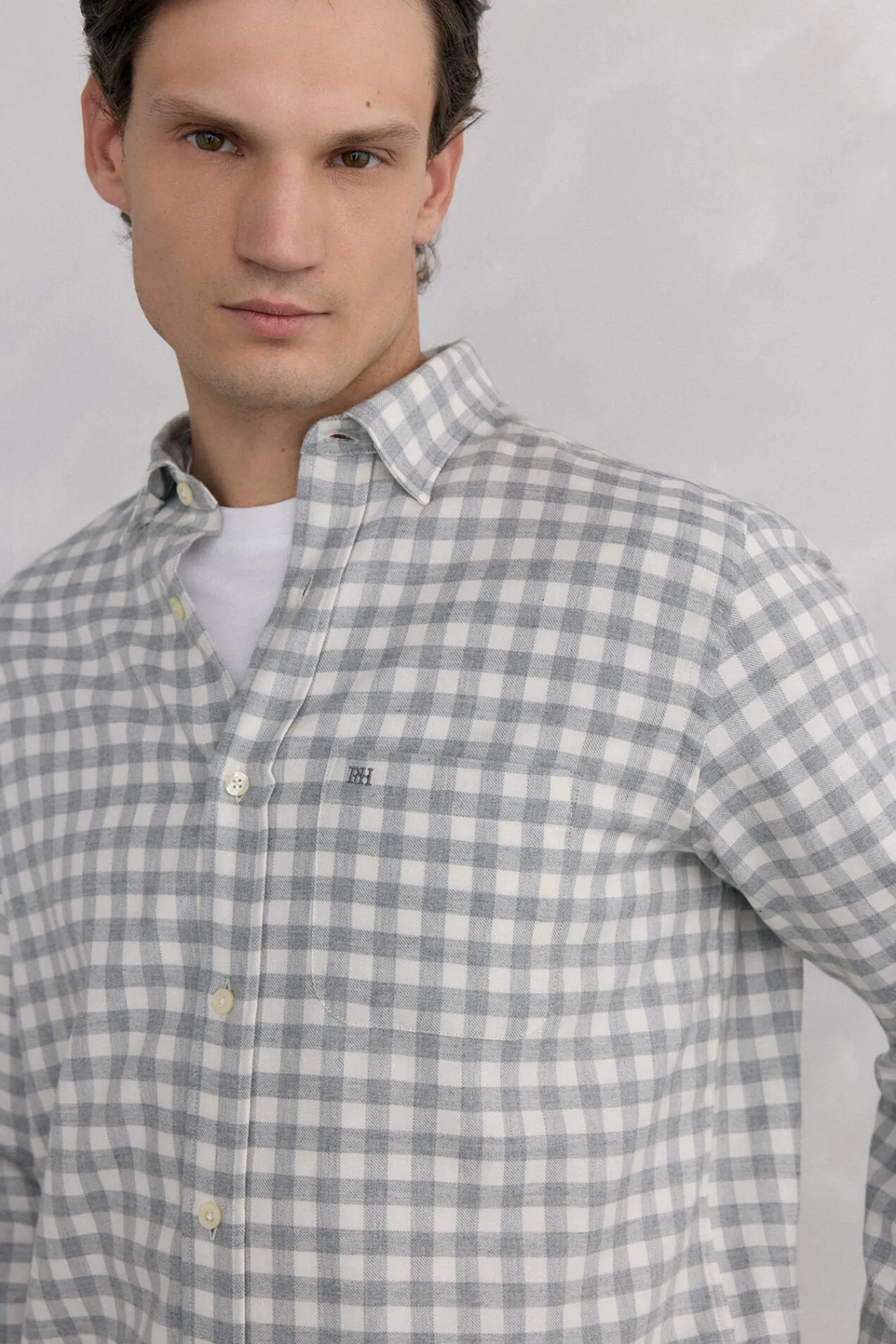 Pedro del Hierro Camisas-Camisa de flanela aos quadrados tecido italiano Cizento