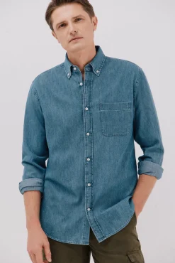 Cortefiel Camisas-Camisa de ganga Azul