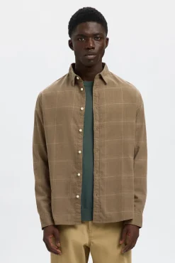 Selected Camisas-Camisa de manga comprida com corte slim Castanho