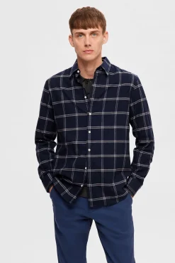 Selected Camisas-Camisa de manga comprida com corte slim Azul