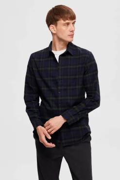 Selected Camisas-Camisa de manga comprida com corte slim Azul