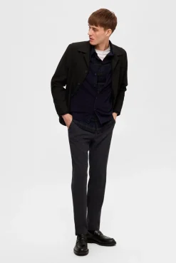 Selected Camisas-Camisa de manga comprida com corte slim Azul