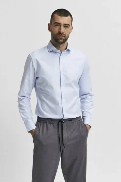 Selected Camisas|Camisas Clássicas-Camisa de manga comprida de vestir 100% algodão. Azul
