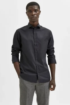 Selected Camisas|Camisas Clássicas-Camisa de manga comprida 100% algodão Preto