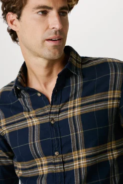 Selected Camisas-Camisa de manga comprida com corte slim Azul