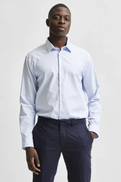 Selected Camisas|Camisas Clássicas-Camisa de vestir de manga comprida 100% algodão regular fit Azul