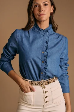 Polín Et Moi Blusas-Camisa denim com babados Javiera Azul