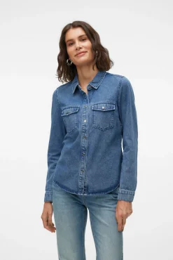 Vero Moda Blusas-Camisa denim com bolsos no peito Azul