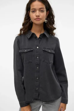 Vero Moda Blusas-Camisa denim com bolsos no peito Preto