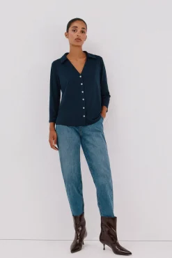 Cortefiel Blusas-Camisa elástica com botões Azul