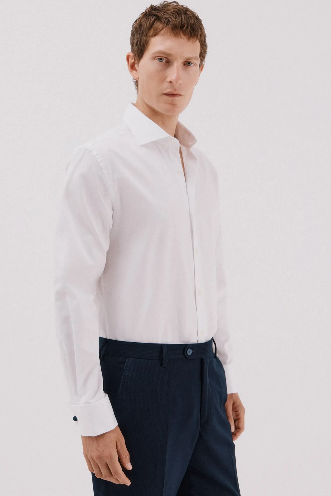 Cortefiel Camisas|Camisas Clássicas-Camisa gémeos lisa fácil de engomar Branco