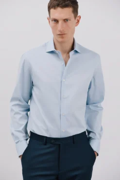 Cortefiel Camisas|Camisas Clássicas-Camisa gémeos lisa fácil de engomar Azul