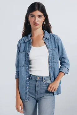 Springfield Blusas-Camisa jeans com bolsos azul