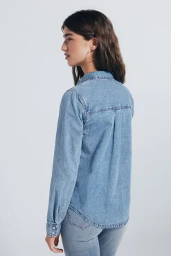 Springfield Blusas-Camisa jeans com bolsos azul