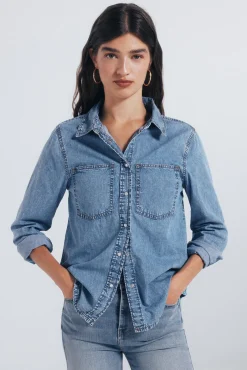 Springfield Blusas-Camisa jeans com bolsos azul