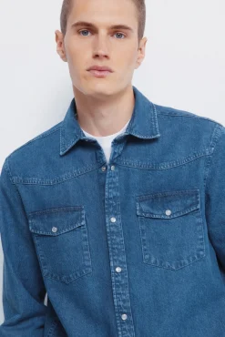 Springfield Camisas-Camisa jeans com cintado = entallado azul