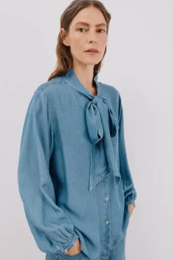 Cortefiel Blusas-Camisa jeans com laço Azul