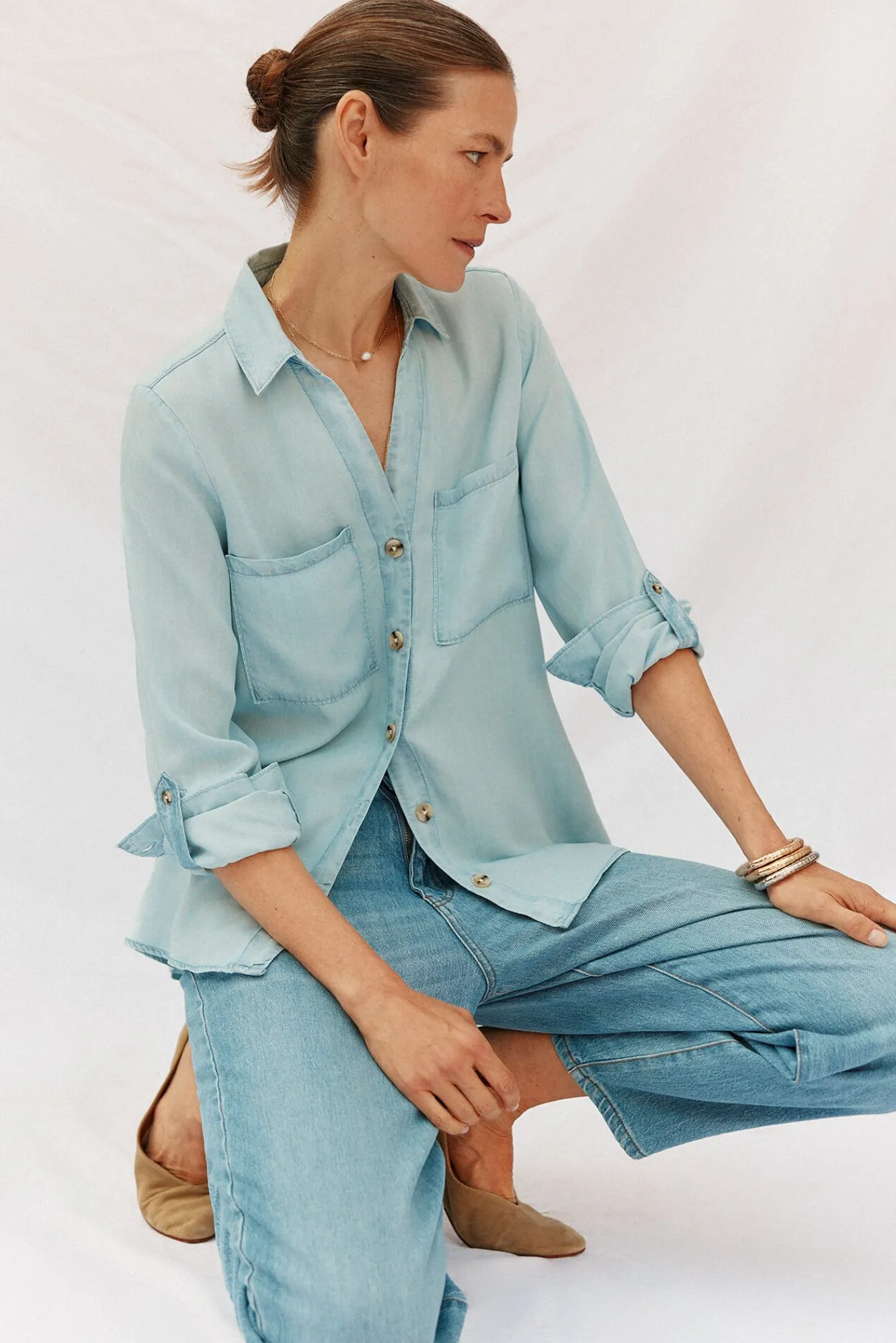Cortefiel Blusas-camisa jeans tencel Azul