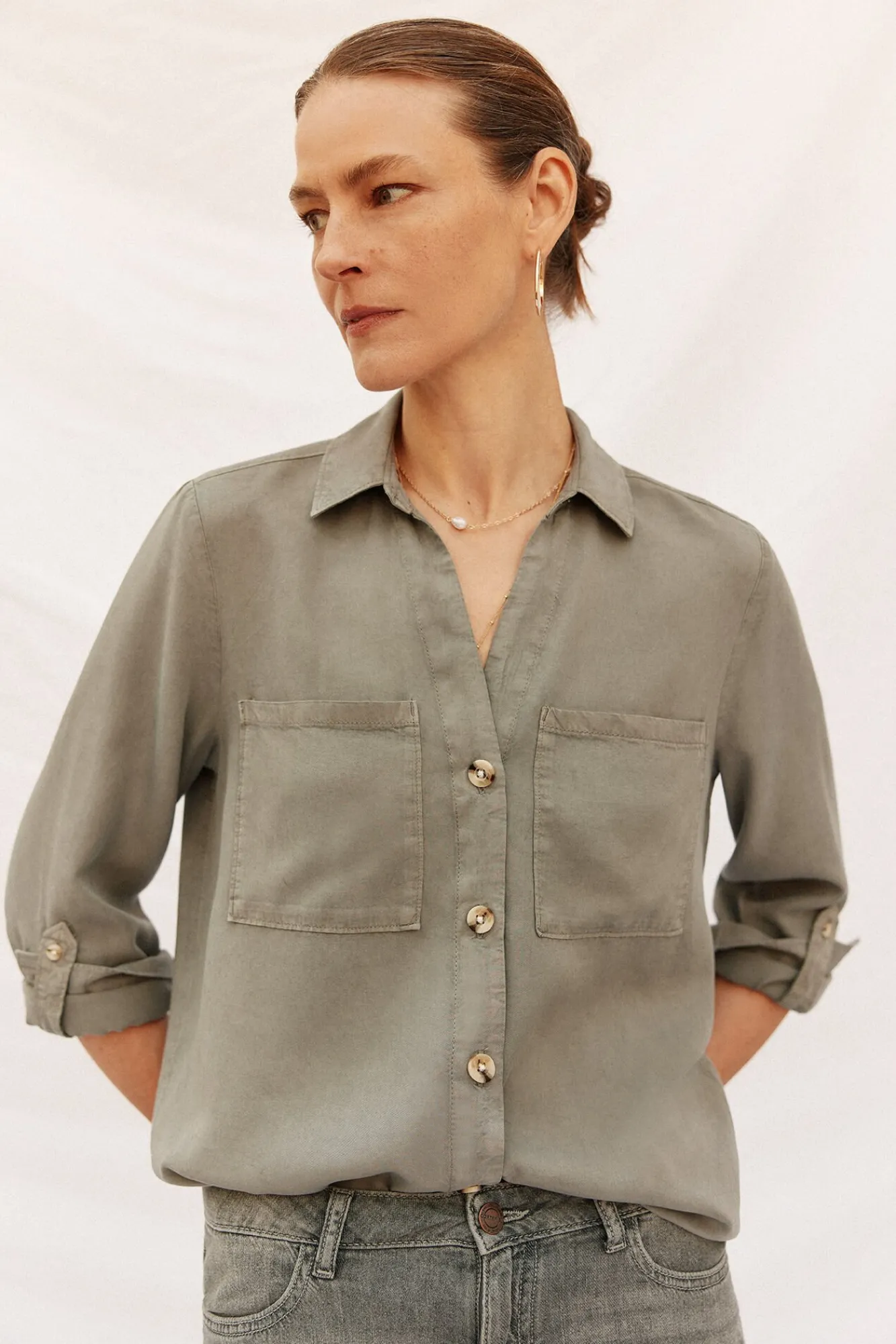 Cortefiel Blusas-camisa jeans tencel Verde