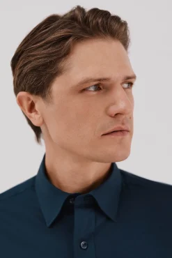 Cortefiel Camisas-Camisa lisa de algodão tencel Azul